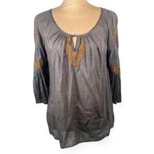 Anthropologie Foreat Grey Embroidered Peasant Top